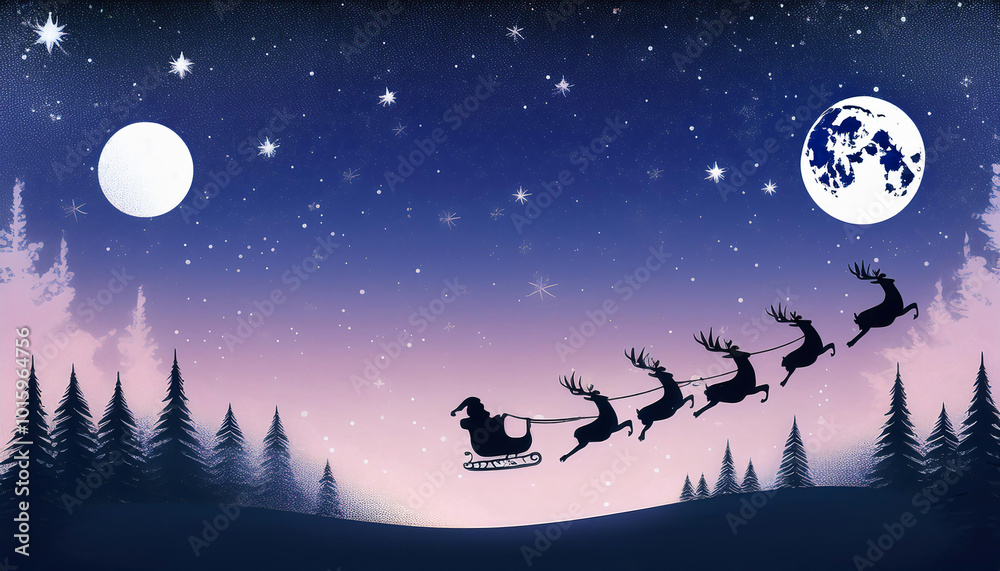 Naklejka premium Night Sky with Santa’s Sleigh and Reindeer Silhouettes