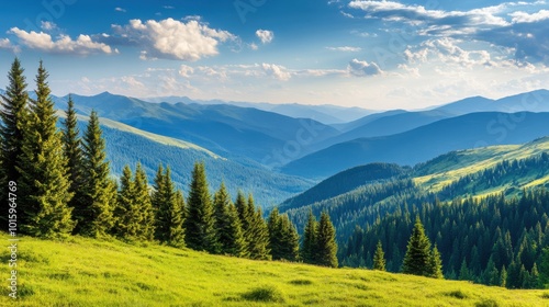 Beautiful summer landscape with green meadow and coniferous forest.