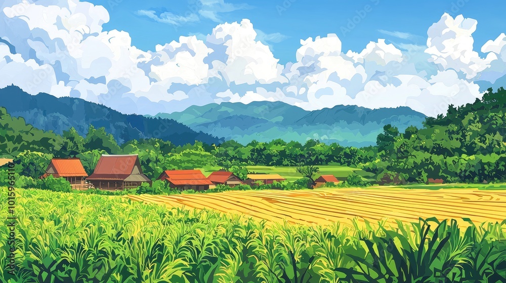 Rural Village with Houses, Fields, and Mountains under a Cloudy Sky Rural Village with Houses, Fields, and Mountains under a Cloudy Sky