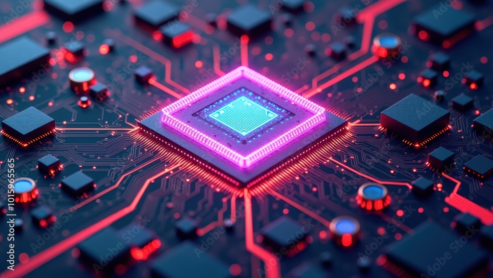 Glowing CPU Chip on Motherboard with Red Circuitry Glowing CPU Chip on Motherboard with Red Circuitry