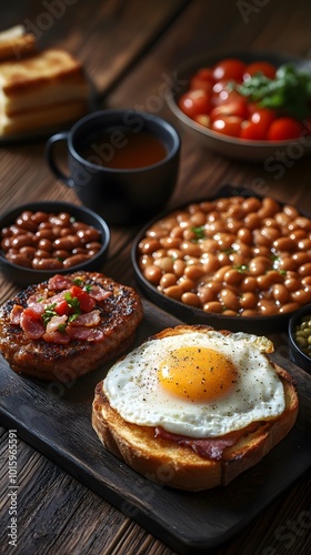 National Hot Breakfast Month with eggs, beans, toast, bacon