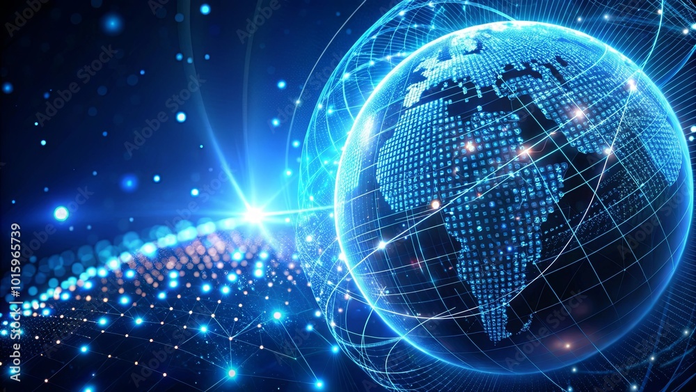 Obraz premium A digital sphere depicting a networked world, illuminated by glowing lines and points of light, representing interconnectedness and communication.