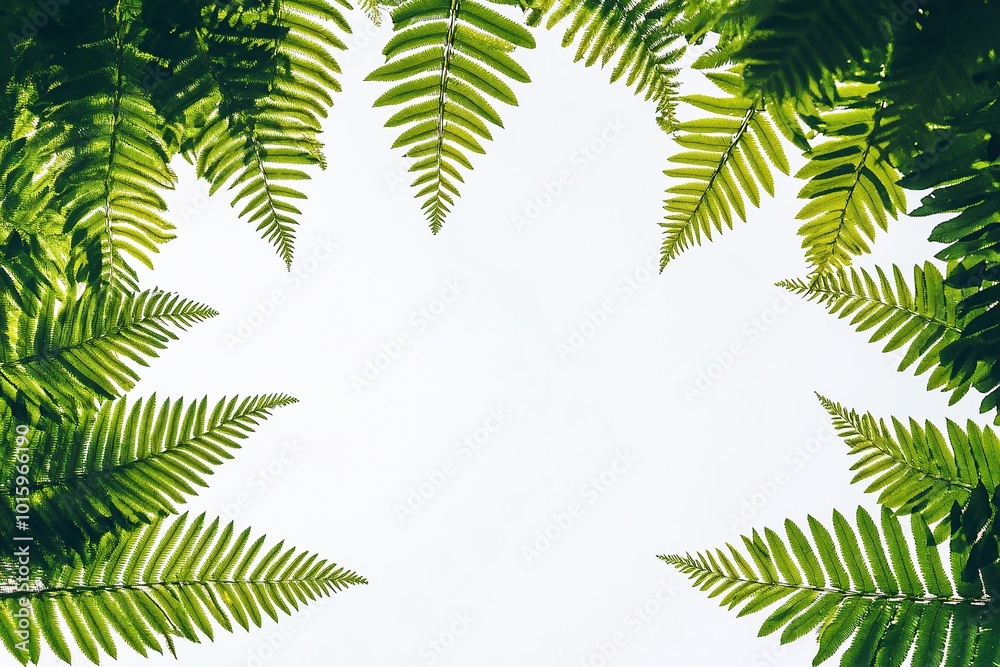 Fern leaves, seen from below, against a white background Fern leaves, seen from below, against a white background
