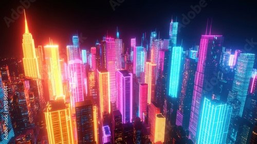 Skyscrapers and neon lights in the city. Futuristic urban.