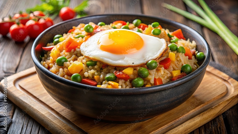 Aromatic Rice Bowl with Sunny-Side Up Egg, Bright Vegetables, and a Hint of Green Onions Aromatic Rice Bowl with Sunny-Side Up Egg, Bright Vegetables, and a Hint of Green Onions