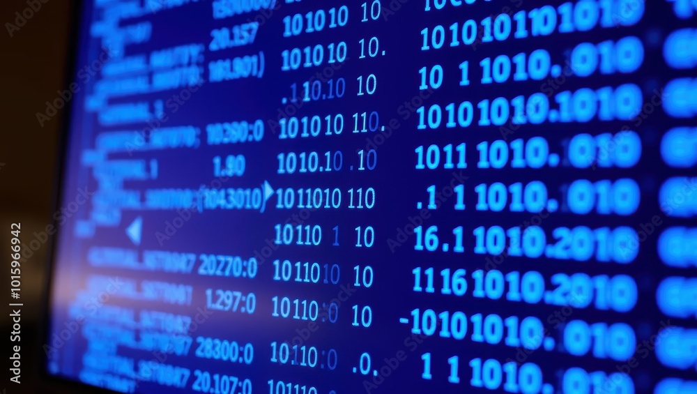 Binary Code on a Computer Screen Blue Digital Numbers Binary Code on a Computer Screen Blue Digital Numbers
