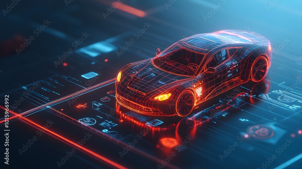 Concept of smart car technology. Car isometric hologram, in HUD style. Electric auto. Hologram car in low poly style. Futuristic car concept with dashboard speedometer, diagnostics. Concept of smart car technology. Car isometric hologram, in HUD style. Electric auto. Hologram car in low poly style. Futuristic car concept with dashboard speedometer, diagnostics.