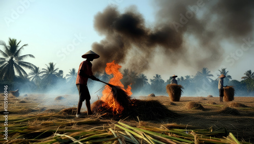 Farmers burn straw, which creates smoke and PM 2.5, which pollutes the environment. photo