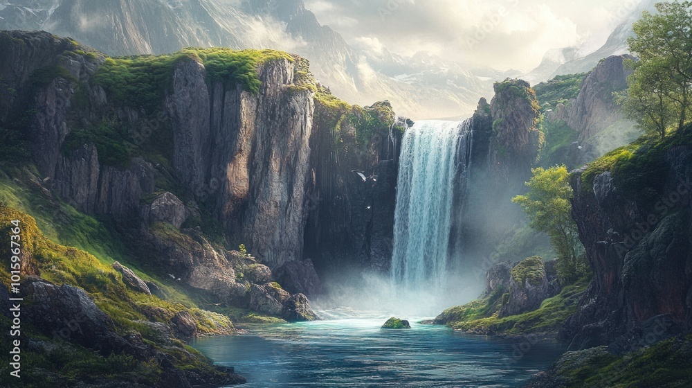 Naklejka premium Majestic Waterfall in a Mountain Valley