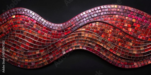 A flowing, undulating mosaic pattern, formed from a multitude of small red and brown squares, creates a captivating visual rhythm against a deep black backdrop.