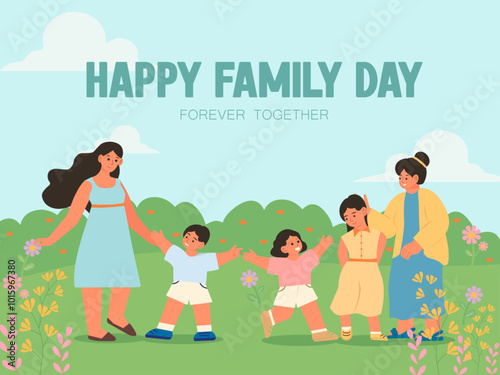 Happy family day celebration in vibrant landscape. Vector illustrations.