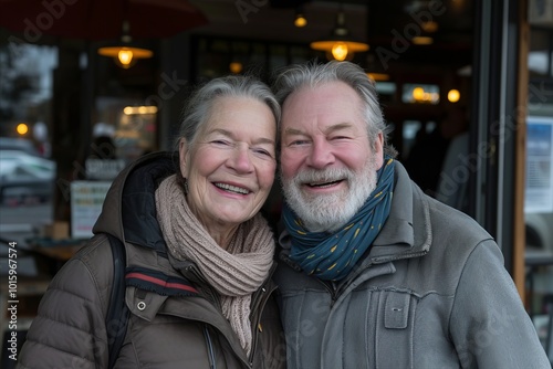 Portrait of a happy senior couple in Paris, France. They are smiling and hugging.