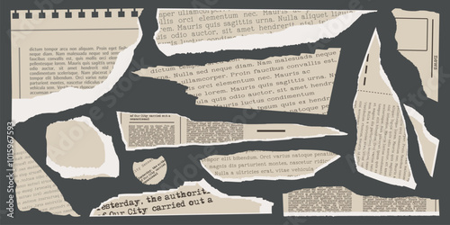 Collage Set elements for scrapbook. Trendy retro vintage paper cut, newspaper, notebook sheet. Old rip torn paper collection. Craft retro gazettes, grunge papers collection. Vector illustration.