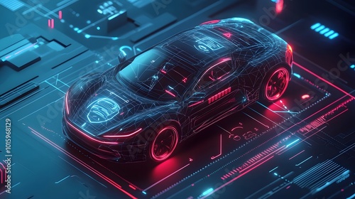 Concept of smart car technology. Car isometric hologram, in HUD style. Electric auto. Hologram car in low poly style. Futuristic car concept with dashboard speedometer, diagnostics. 