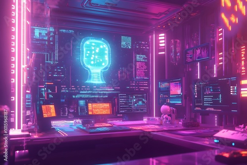 Futuristic Neon Cyberpunk Workstation with Holographic Head