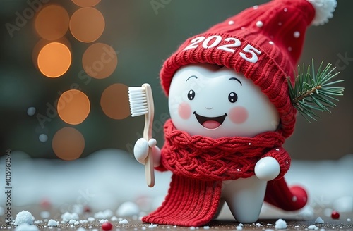 Happy tooth in a knitted hat and scarf with number 2025 on a hat on a festive background, 2025 happy new year dental card, 2025 dentist new year concept photo