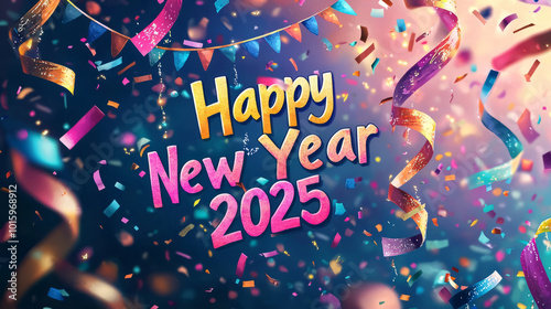 Bright watercolor banners and transparencies with the inscription Happy New Year 2025 are hung photo