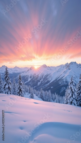 Stunning winter sunset over snow-covered mountains and forest with vibrant sky colors