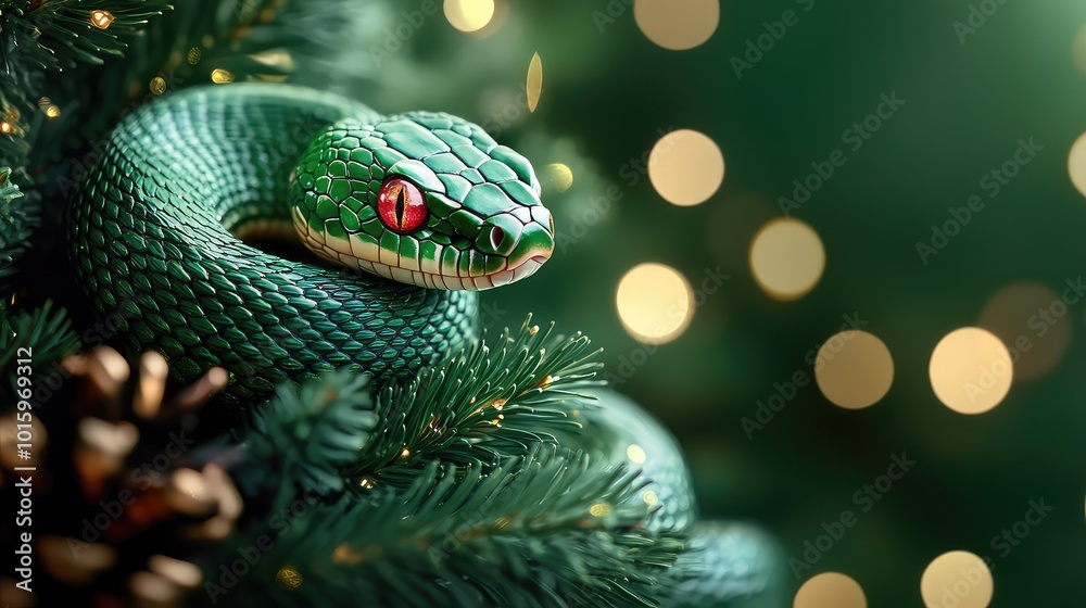 Fototapeta premium Enchanting Green Fantasy Snake with New Year’s Tree Decorations on a Gradient Background, Ideal for Celebration Themes and Festive Designs