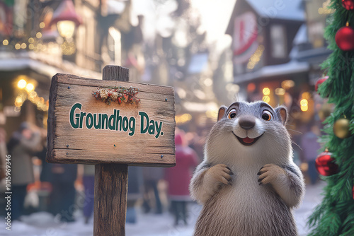 Groundhog Holding Sign for Groundhog Day Celebration photo