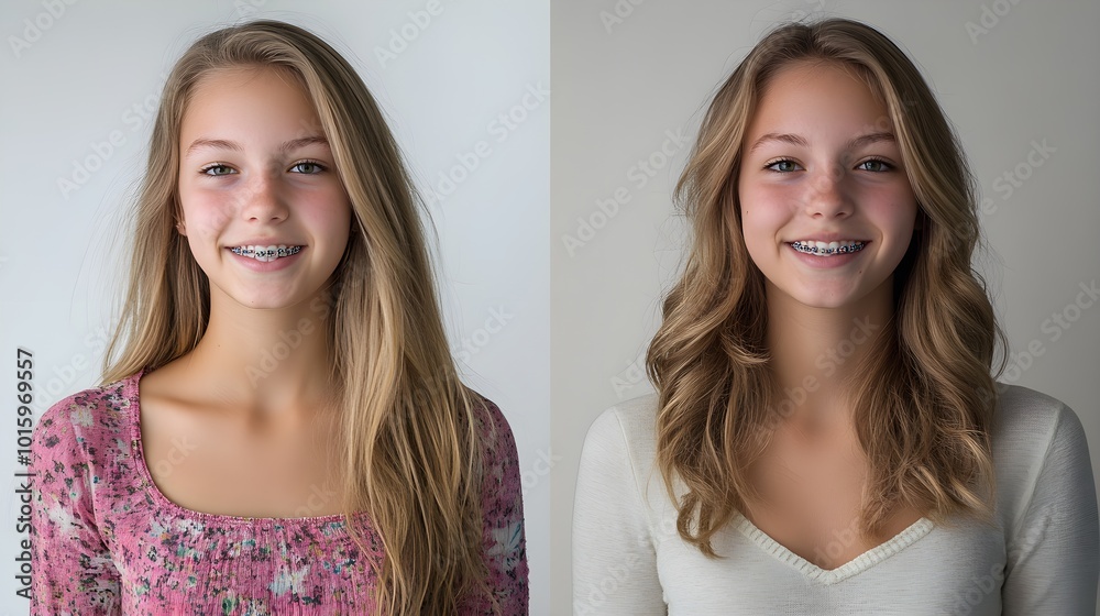 Before and after braces journey, capturing initial fitting and final removal, smiling patient with noticeable changes, Portrait Style, Warm Lighting, High Contrast Before and after braces journey, capturing initial fitting and final removal, smiling patient with noticeable changes, Portrait Style, Warm Lighting, High Contrast