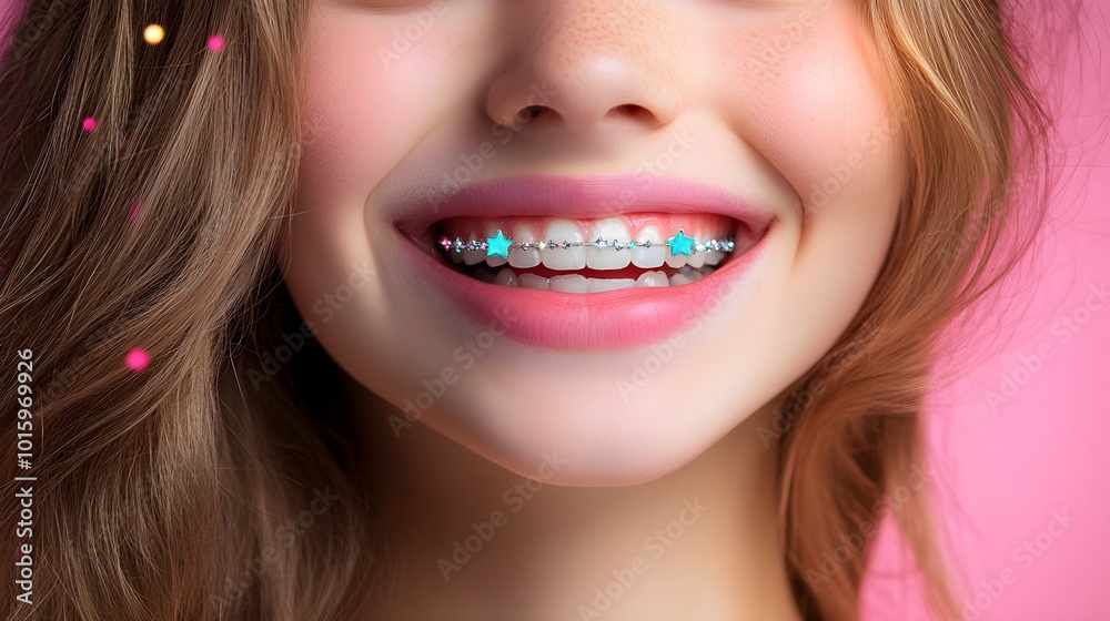 Before-and-after shots of a patient on the first and last days of wearing braces, focusing on the improvement in dental alignment Before-and-after shots of a patient on the first and last days of wearing braces, focusing on the improvement in dental alignment