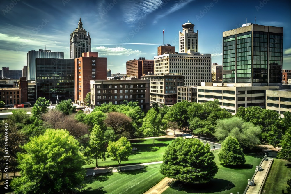 Obraz premium A captivating daytime skyline of Topeka, Kansas, showcasing its vibrant downtown cityscape, captures the essence of urban life and architectural