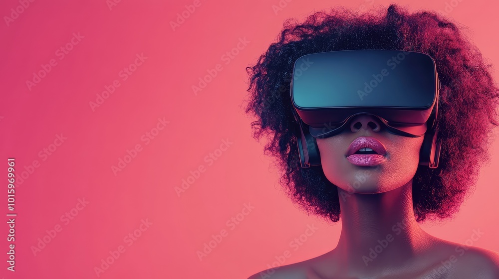 Futuristic Woman Wearing Virtual Reality Glasses and Headset on Solid Pink Background, Perfect for Augmented Reality and Digital Technology Themes Futuristic Woman Wearing Virtual Reality Glasses and Headset on Solid Pink Background, Perfect for Augmented Reality and Digital Technology Themes