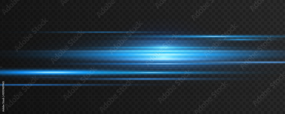 Moving laser beams of light isolated on dark transparent background. Abstract light effect with lens flare. Horizontal blue rays glowing in the dark. Vector illustration. EPS 10. Moving laser beams of light isolated on dark transparent background. Abstract light effect with lens flare. Horizontal blue rays glowing in the dark. Vector illustration. EPS 10.