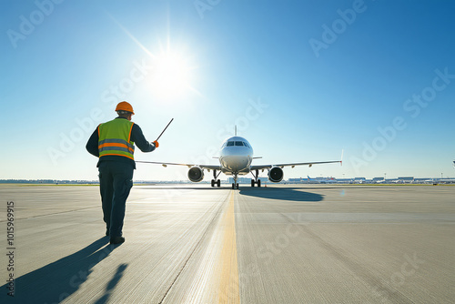 Airport Worker Guiding Airplane on Runway