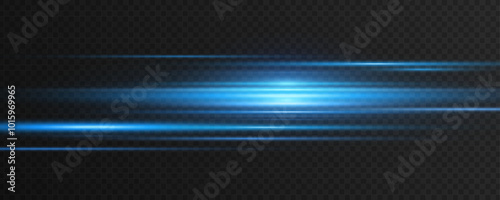 Moving laser beams of light isolated on dark transparent background. Abstract light effect with lens flare. Horizontal blue rays glowing in the dark. Vector illustration. EPS 10.