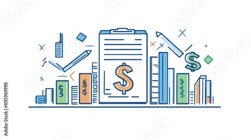 Financial report illustration with charts, graphs, and dollar sign. Perfect for business analysis, finance, and accounting themes.