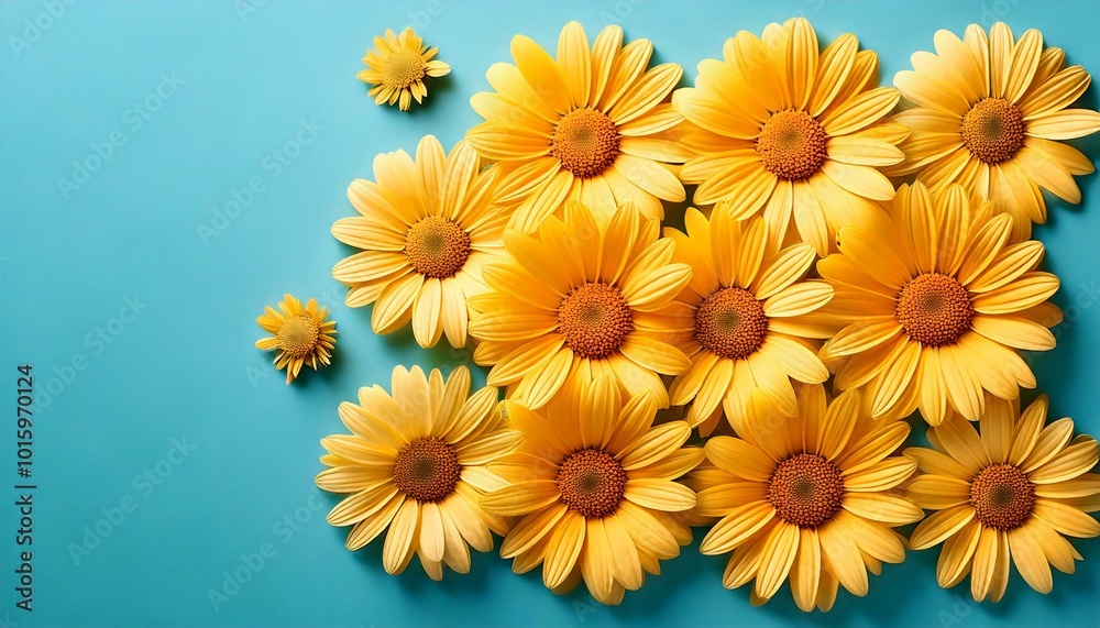 Obraz premium Pastel yellow daisies arranged in a gentle square, with hints of soft sky blue. springtime freshness background with copy space white and yellow floral frame.