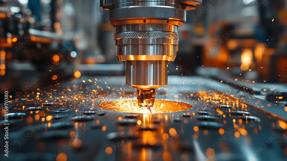 A close-up of a metal cutting machine, sparks flying from the workpiece.