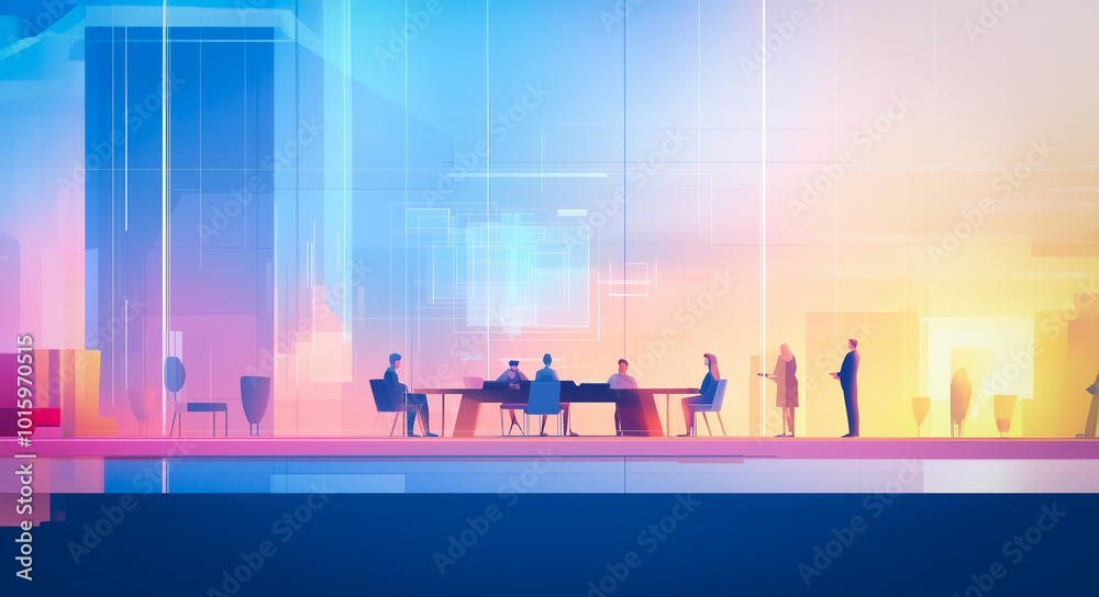 Futuristic office space with people engaged in a meeting, showcasing modern architecture and technology-driven environment with virtual interfaces. Futuristic office space with people engaged in a meeting, showcasing modern architecture and technology-driven environment with virtual interfaces.