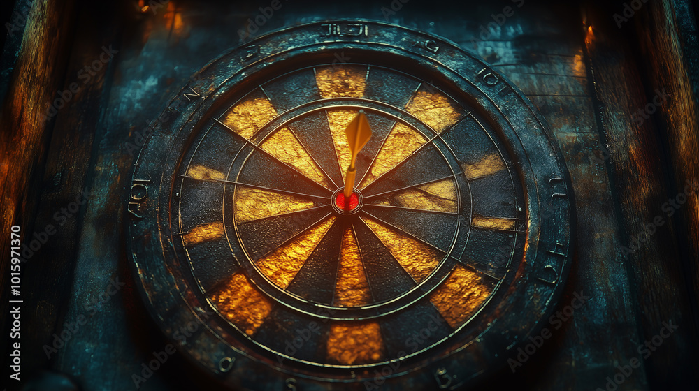 Obraz premium Single dart piercing the bullseye of a worn-out dartboard, bathed in dramatic lighting, symbolizes the concept of success and achieving goals
