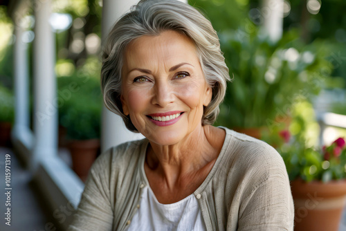 Retired woman with a pretty smile posing on the porch of her house