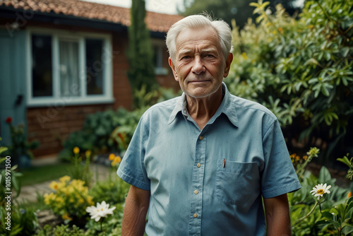 Retired man posing in his garden