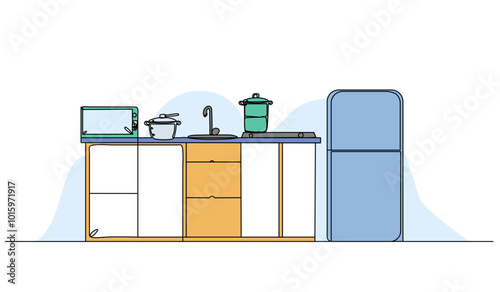 Vector illustration of kitchen interior. Modern flat in continuous line style.