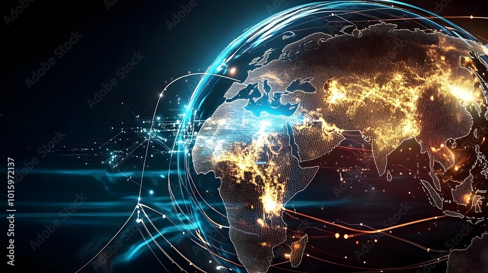 Global Network Connections Digital World Map with Glowing Lines Global Network Connections Digital World Map with Glowing Lines