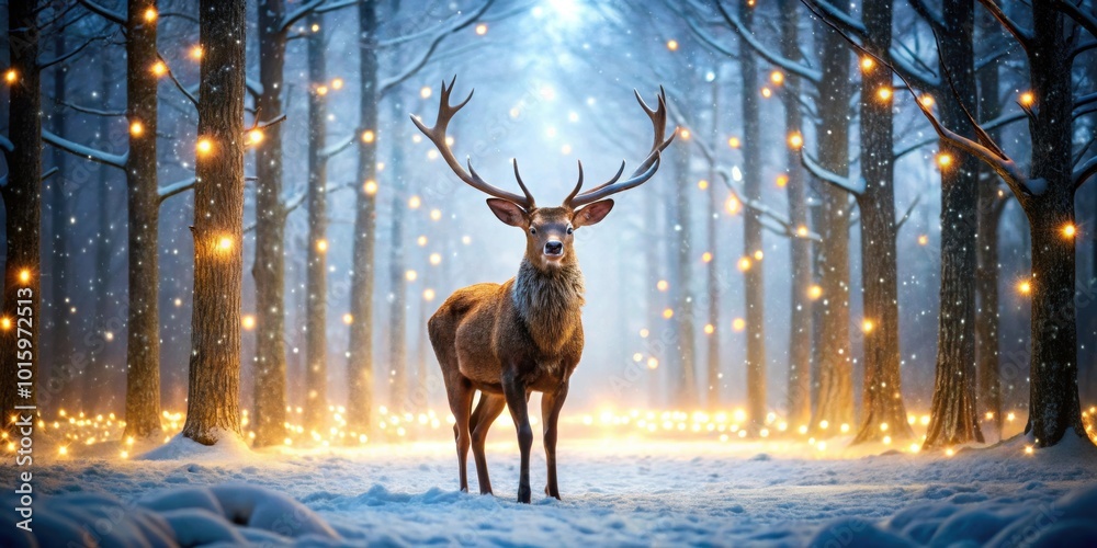 Majestic deer in snow-covered forest surrounded by glowing lights, creating a magical winter scene, deer, winter, snow