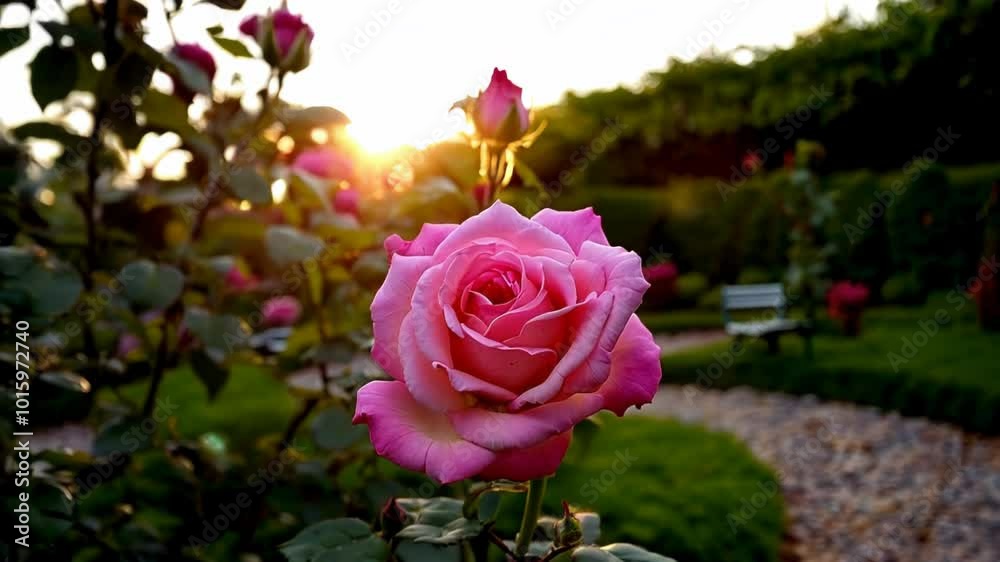 A vibrant rose at sunset in a serene garden, showcasing beauty and tranquility through soft lighting and artistic framing. A vibrant rose at sunset in a serene garden, showcasing beauty and tranquility through soft lighting and artistic framing.