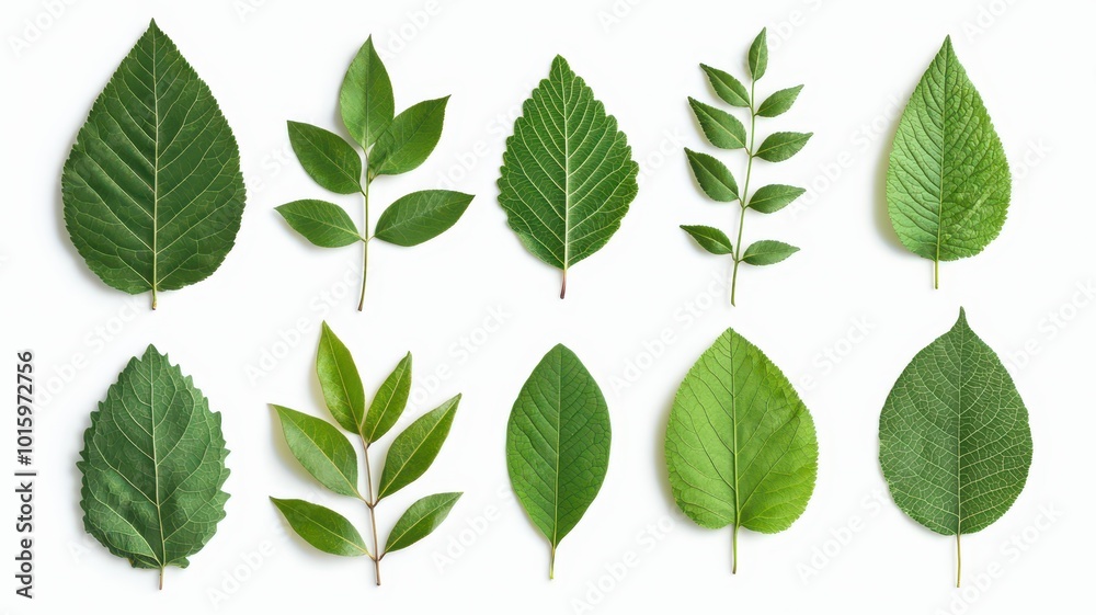 A beautiful collection of soft green leaves from various trees, meticulously arranged and isolated on a clean white background. A beautiful collection of soft green leaves from various trees, meticulously arranged and isolated on a clean white background.