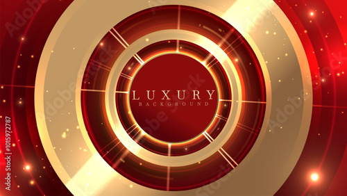 Red background composed with golden circle frame decorated with golden lights and sparkling light effect, elegant backdrop for product promotion or award ceremony.