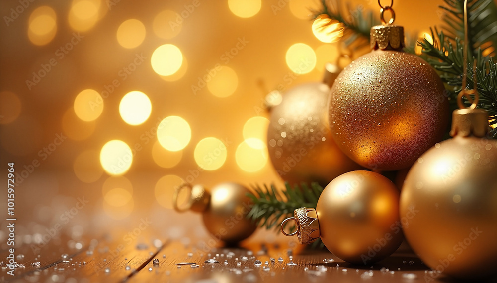 Fototapeta premium Golden Christmas ornaments on wooden table with sparkling bokeh background
