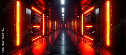 Futuristic corridor with glowing red lights and black walls