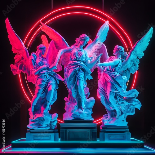 Neon Angel Statues  Modern Art  Sculpture  Abstract   Dark Background photo