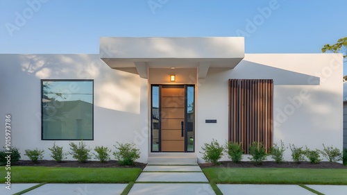 Modern Minimalist Home Exterior with Wooden Front Door and Clean Landscaping