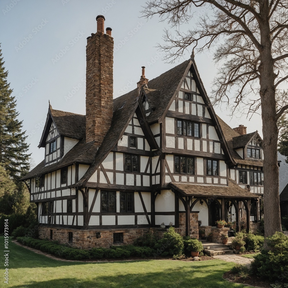 A classic Tudor-style house with steeply pitched gables, timber framing, and tall chimneys, placed against a white background. A classic Tudor-style house with steeply pitched gables, timber framing, and tall chimneys, placed against a white background.