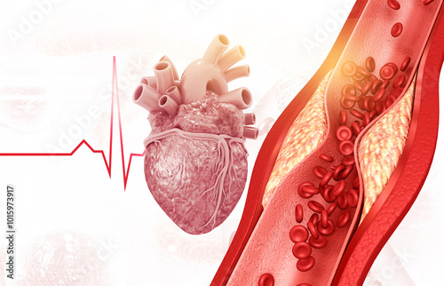 Cholesterol blocked artery with human heart. 3d illustration..